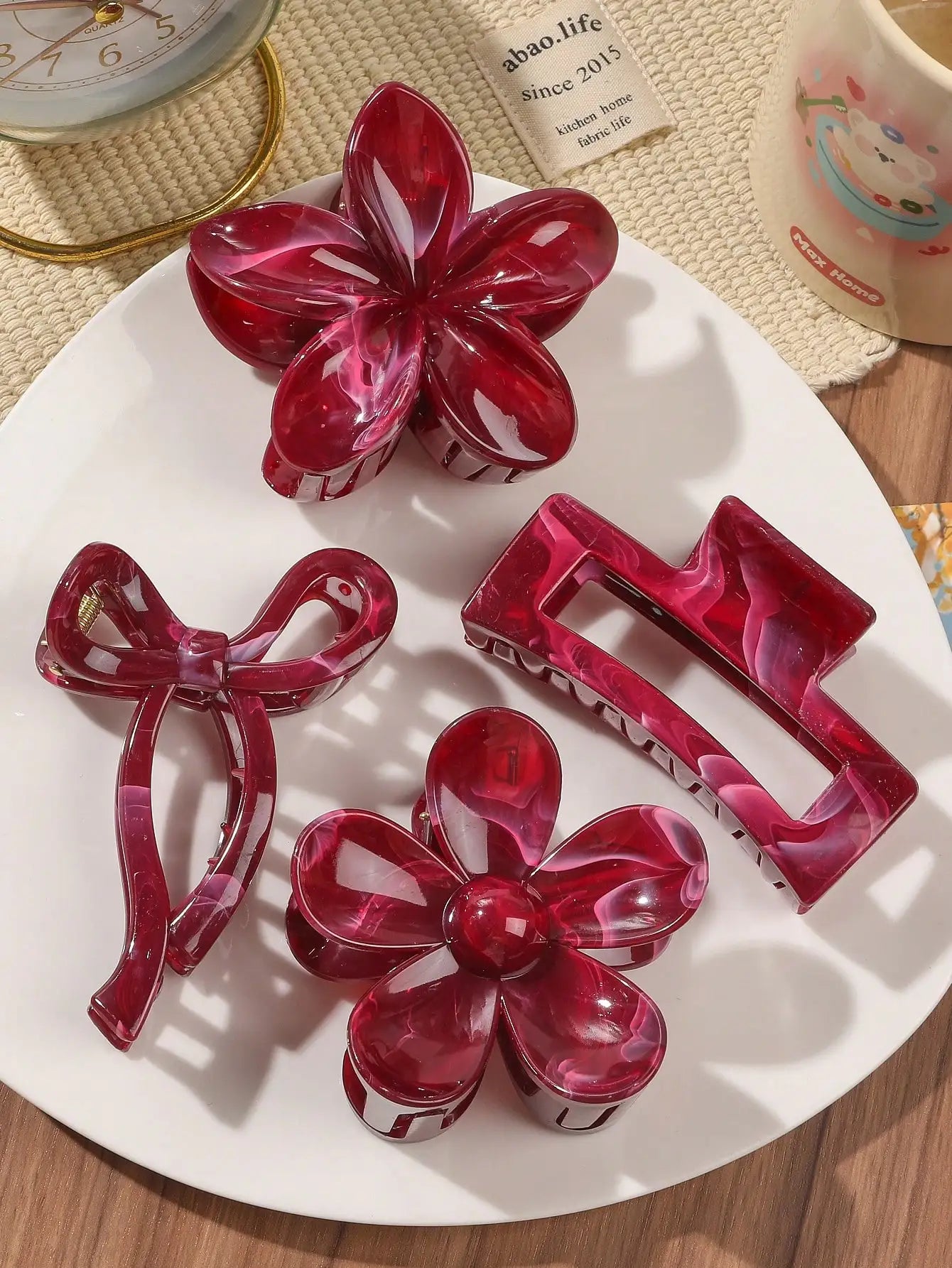 Burgundy Bow Flower Hair Claw Clips Set