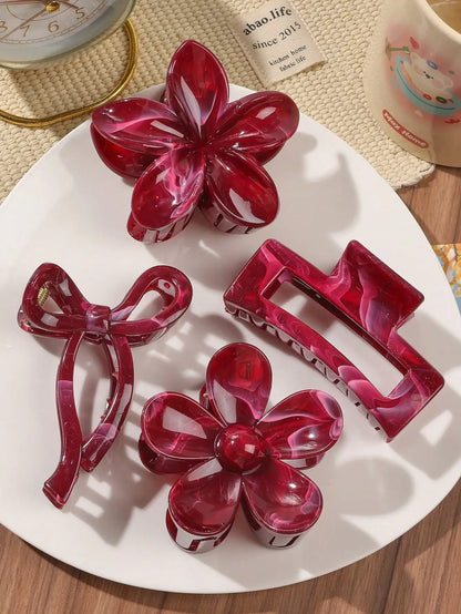 Burgundy Bow Flower Hair Claw Clips Set