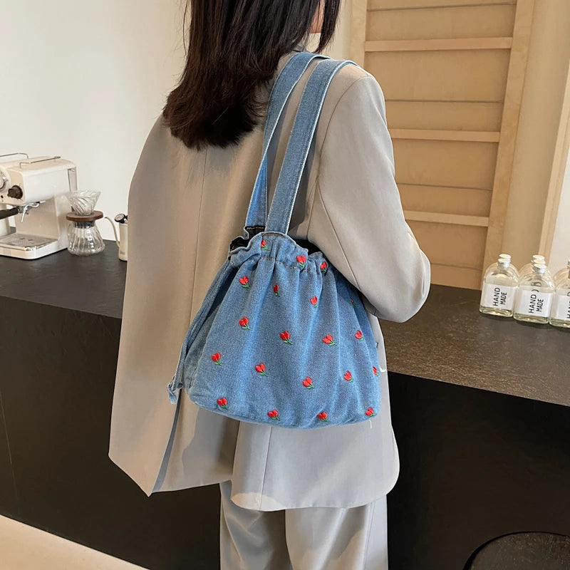 Embroidered Denim Drawstring Shoulder Tote Bag