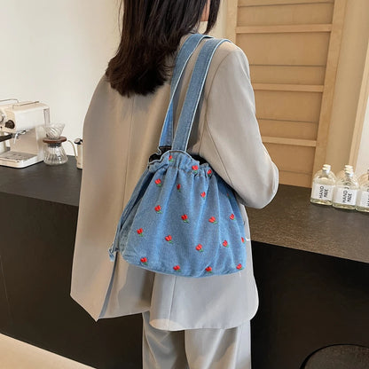 Embroidered Denim Drawstring Shoulder Tote Bag