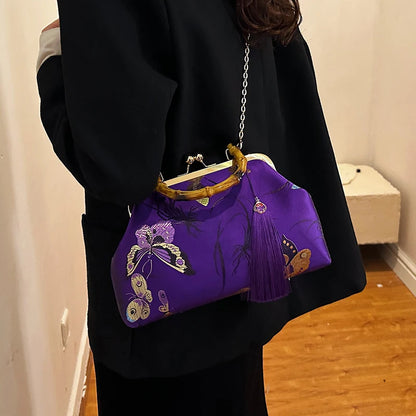 Luxury Embroidered Evening Handbag with Bamboo Handle