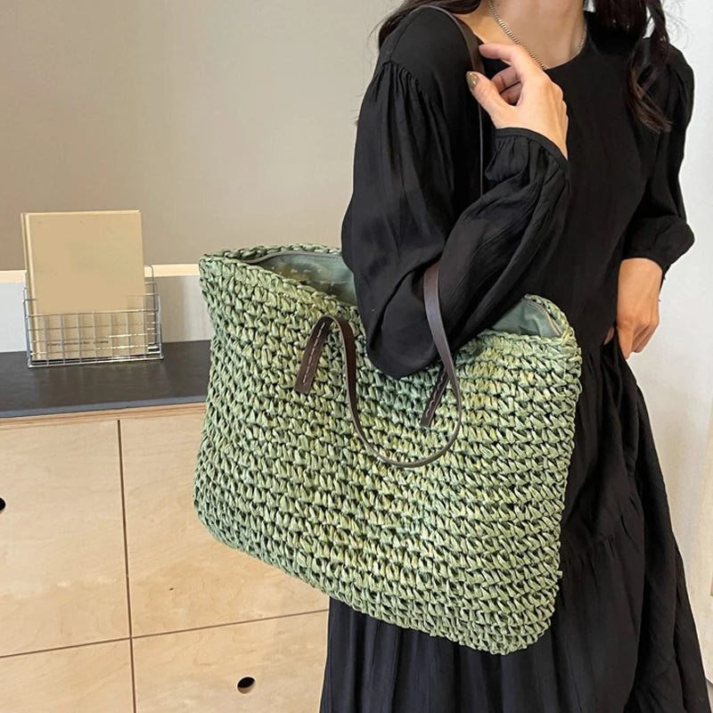 Large Woven Straw Beach Tote Bag