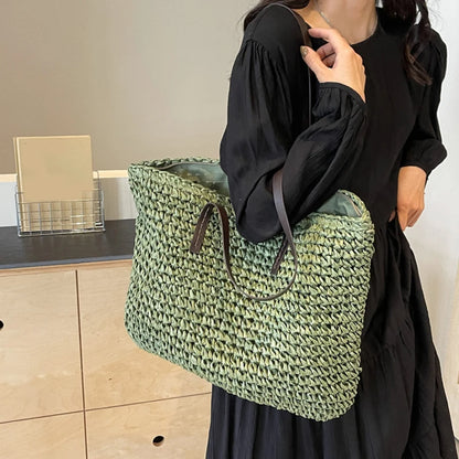 Large Woven Straw Beach Tote Bag