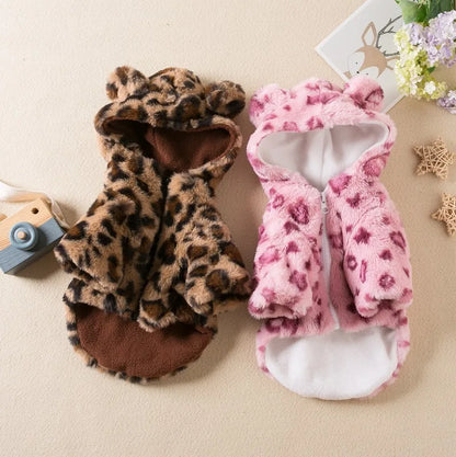 Leopard Fleece Dog Coat – Warm Hooded Pet Jacket