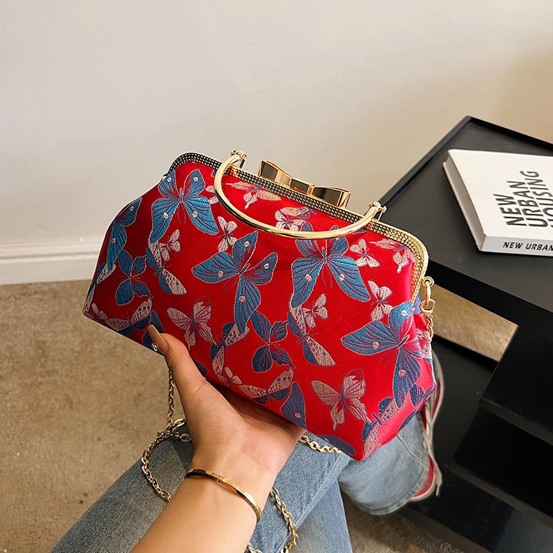 Vintage Embroidered Chain Clutch Handbag