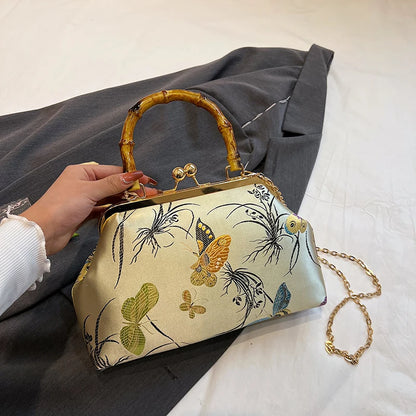 Luxury Embroidered Evening Handbag with Bamboo Handle