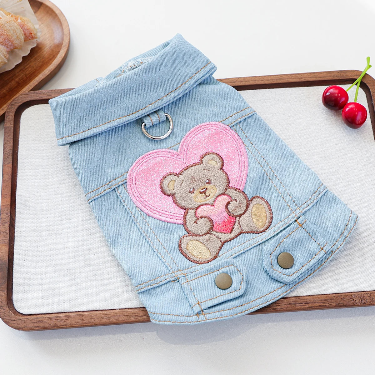 Heart Hug Bear Denim Dog Vest with D-Ring
