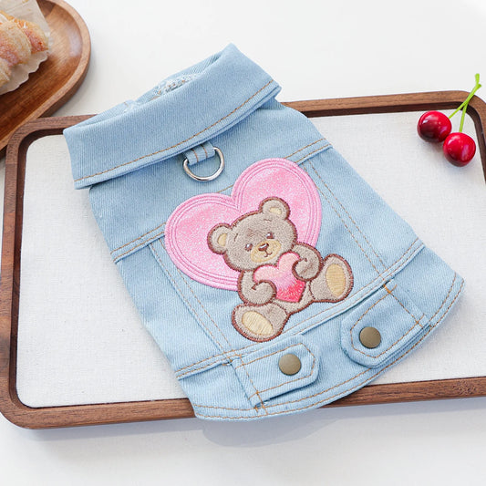 Heart Hug Bear Denim Dog Vest with D-Ring