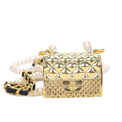 Mini Metallic Evening Box Bag with Pearl Chain