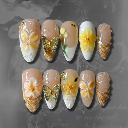 Long Almond Press On False Nails Set