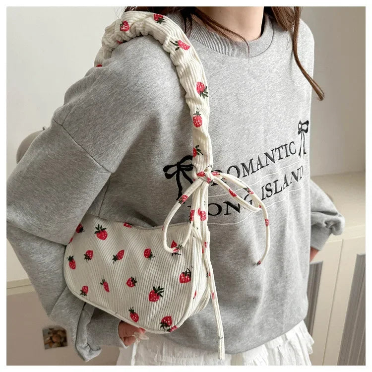 Strawberry Print Corduroy Mini Shoulder Bag