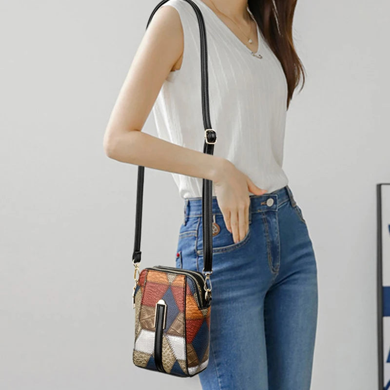 Vintage Patchwork Shoulder Bag with Zipper Closure