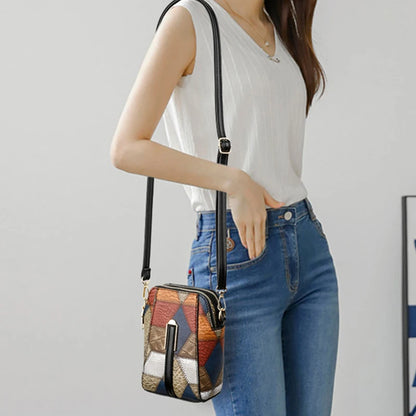 Vintage Patchwork Shoulder Bag with Zipper Closure