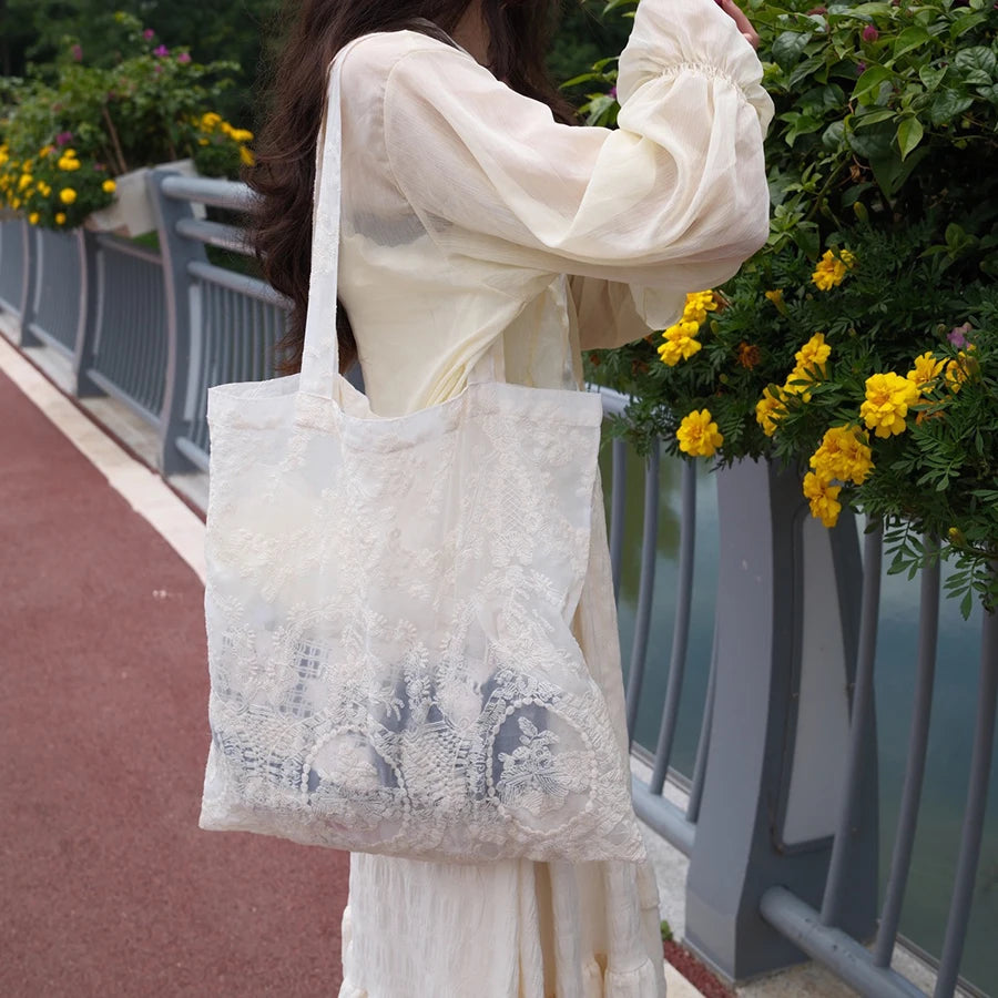 Lace Embroidered Organza Tote Bag
