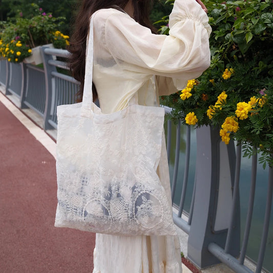 Lace Embroidered Organza Tote Bag