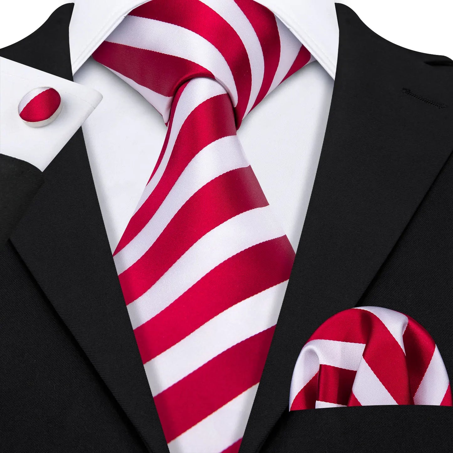 Barry Wang Jacquard Striped Silk Men's Tie Pocket Square Cufflinks Set