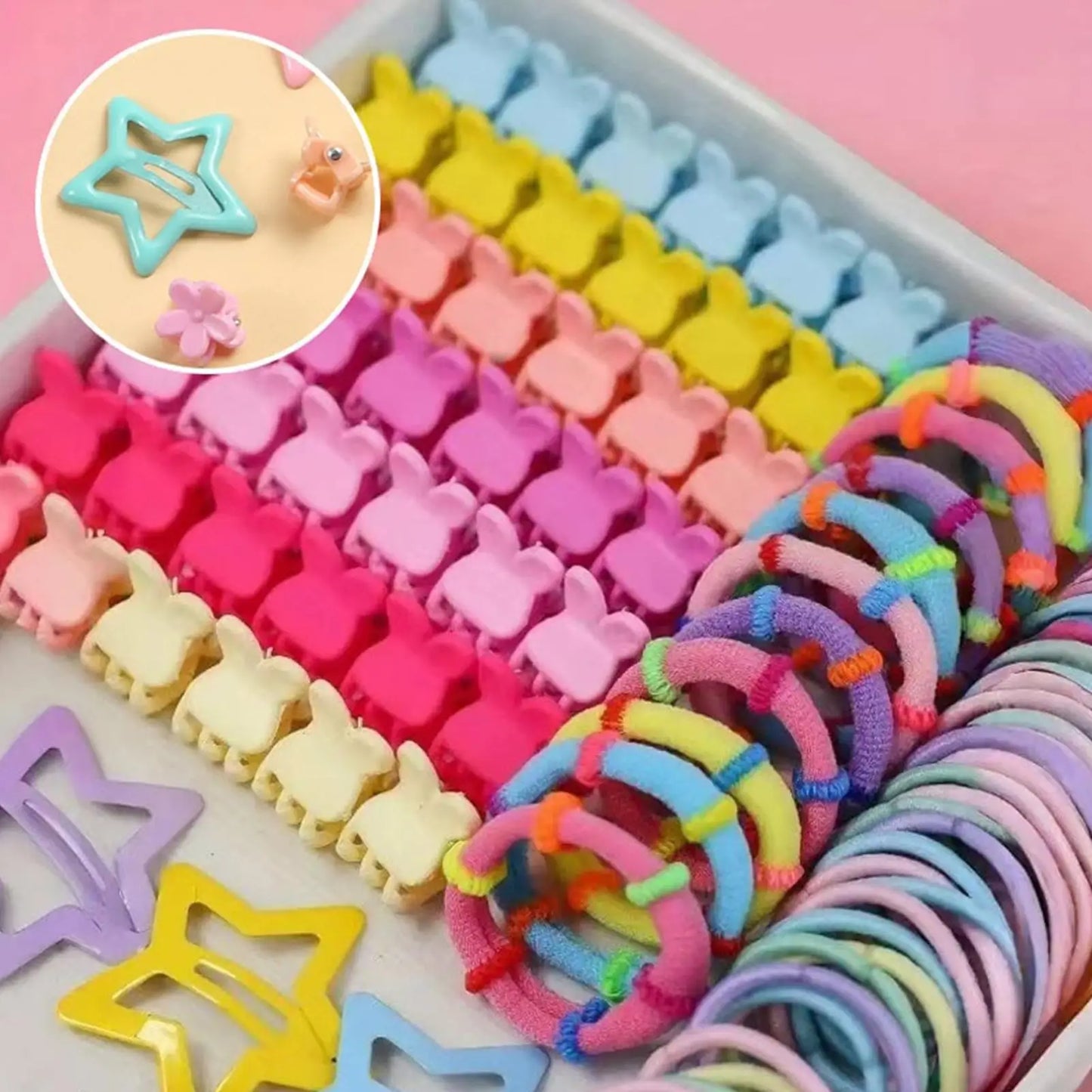 Girls Hair Accessories Set with Elastic Bands & Barrettes