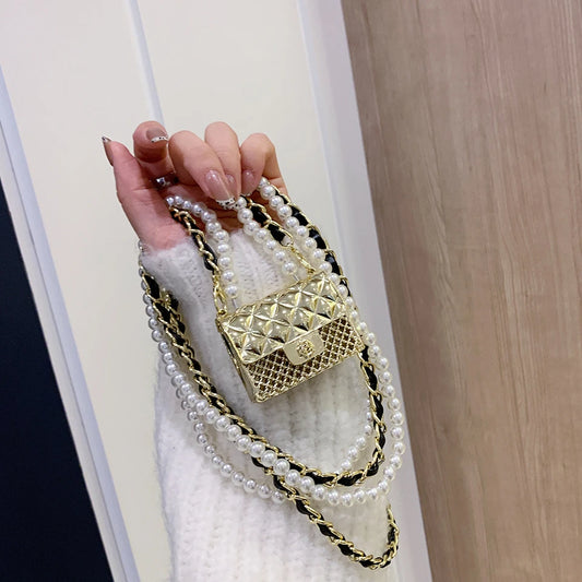 Mini Metallic Evening Box Bag with Pearl Chain