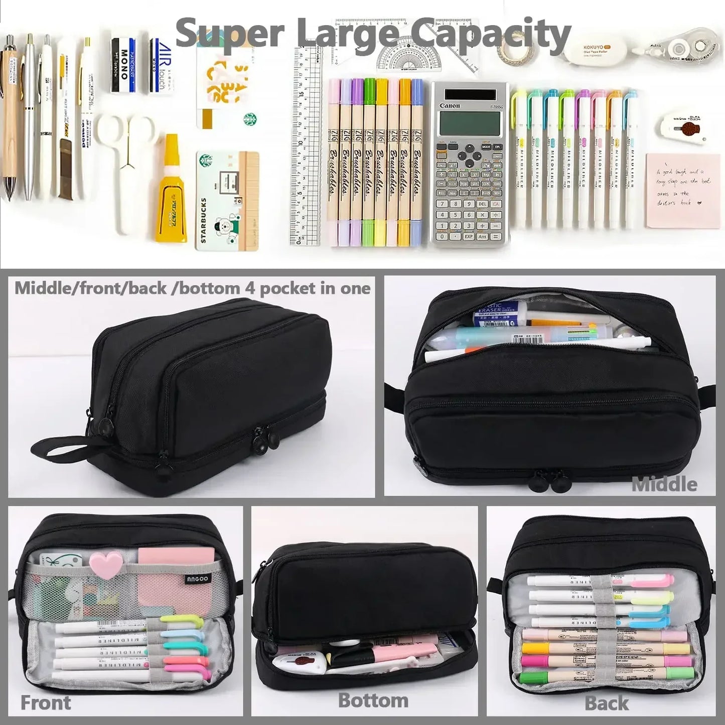 Large Capacity 4-Compartment Pencil Case Organizer