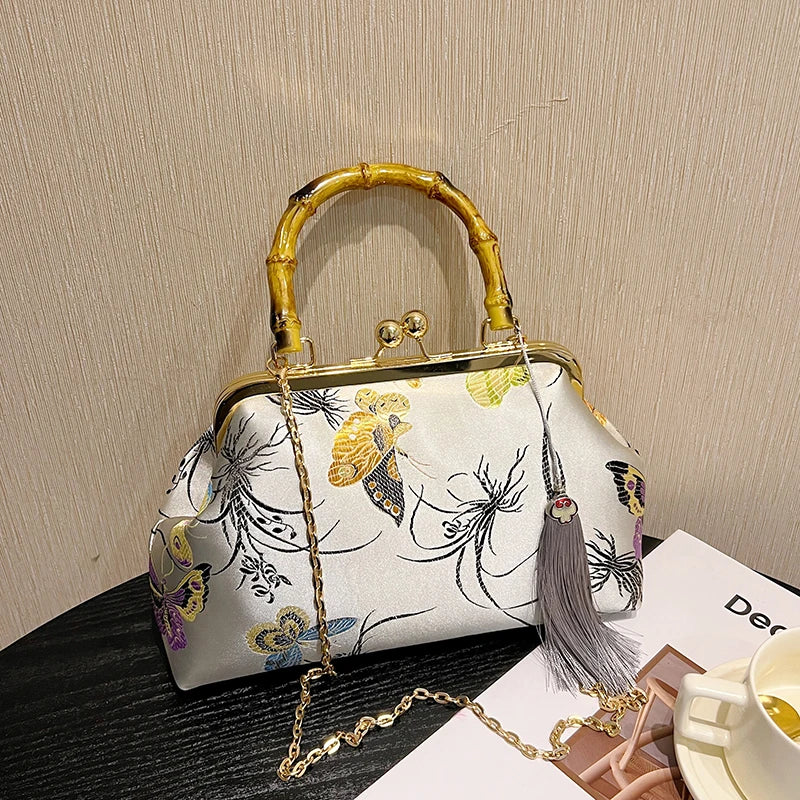 Luxury Embroidered Evening Handbag with Bamboo Handle