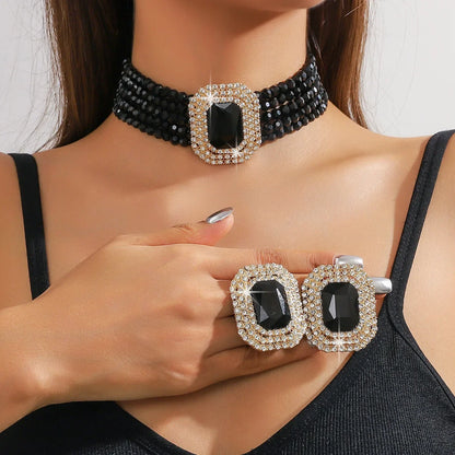Multilayer Crystal Necklace & Geometric Earring Set