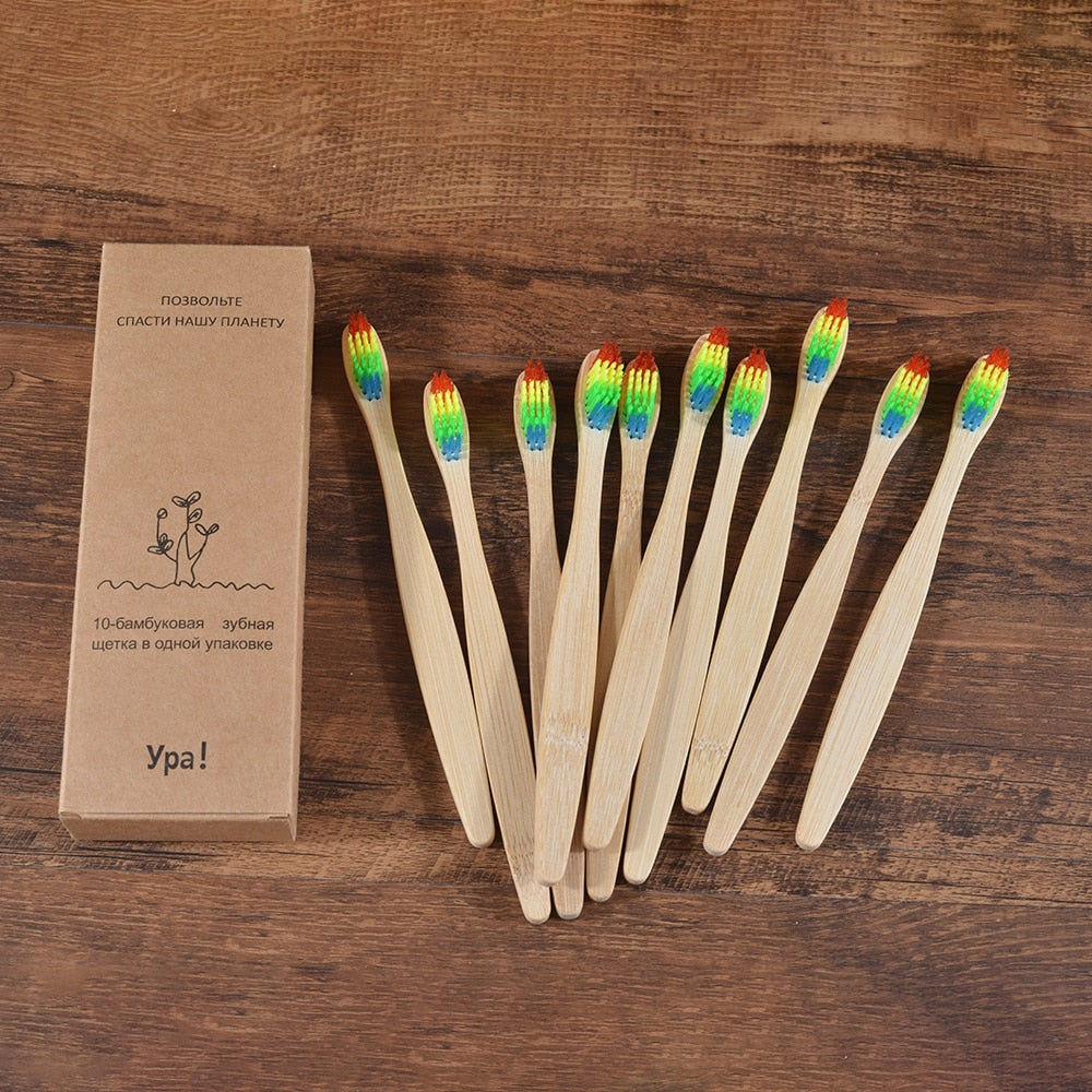 10PCS Natural Bamboo Colourful Toothbrush