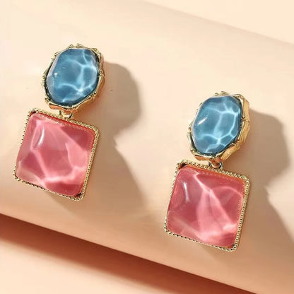 Round Square Crystal Stone Drop Earrings