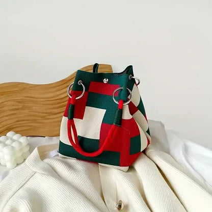Color Block Knitted Cotton Bucket Tote Bag