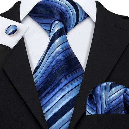 Barry Wang Jacquard Striped Silk Men's Tie Pocket Square Cufflinks Set