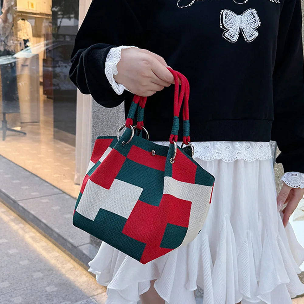 Geometric Knit Bucket Tote Bag