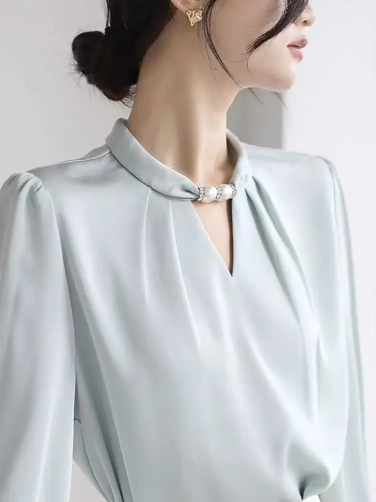 Women's Elegant Satin White Stand Collar Beaded Blouse