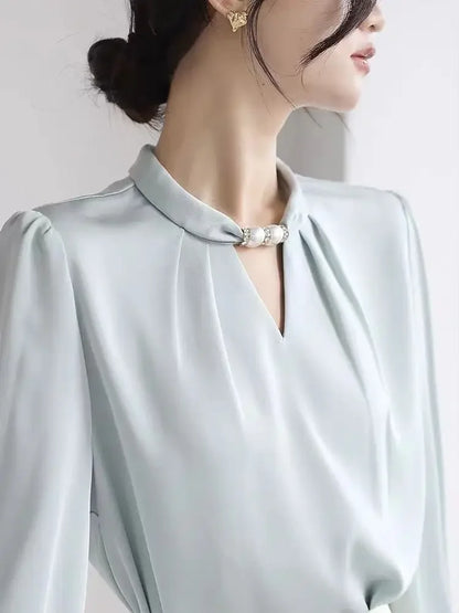 Women's Elegant Satin White Stand Collar Beaded Blouse