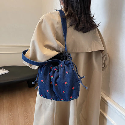 Embroidered Denim Drawstring Shoulder Tote Bag