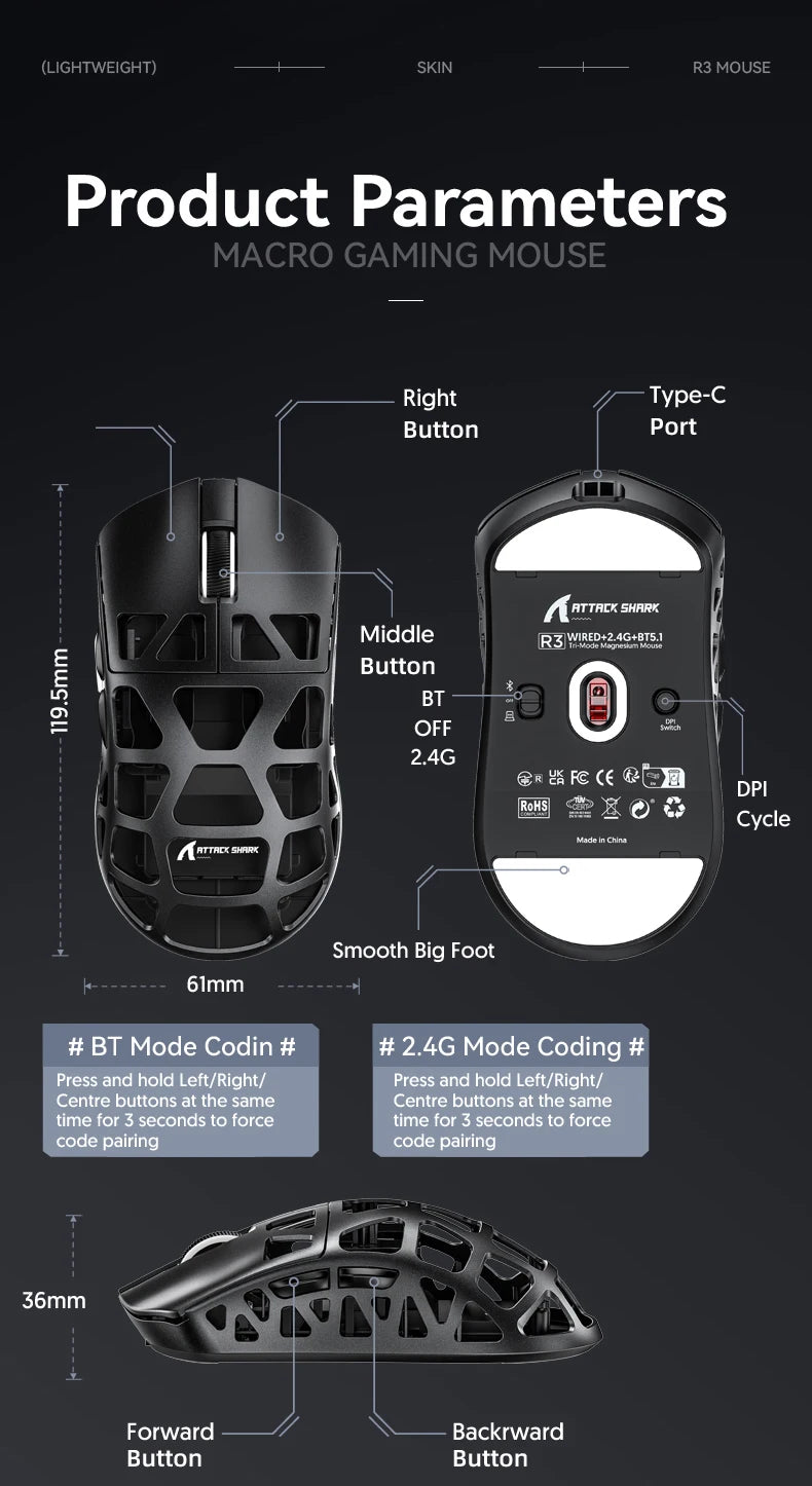 Attack Shark R3 Magnesium Alloy Gaming Mouse