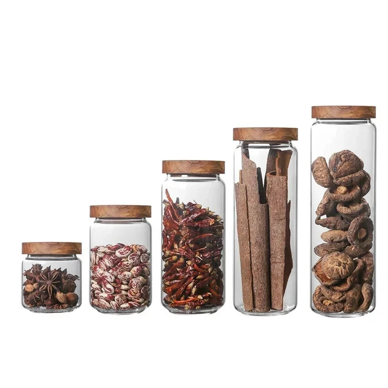 Japanese Style Glass Storage Jar with Wooden Lid