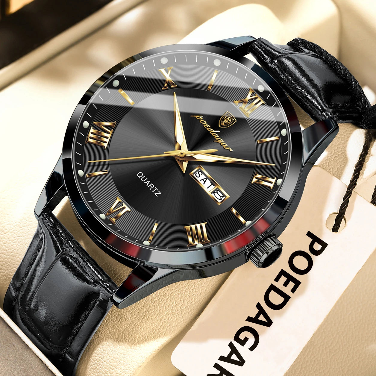 Men's Leather Quartz Watch with Date & Week Display