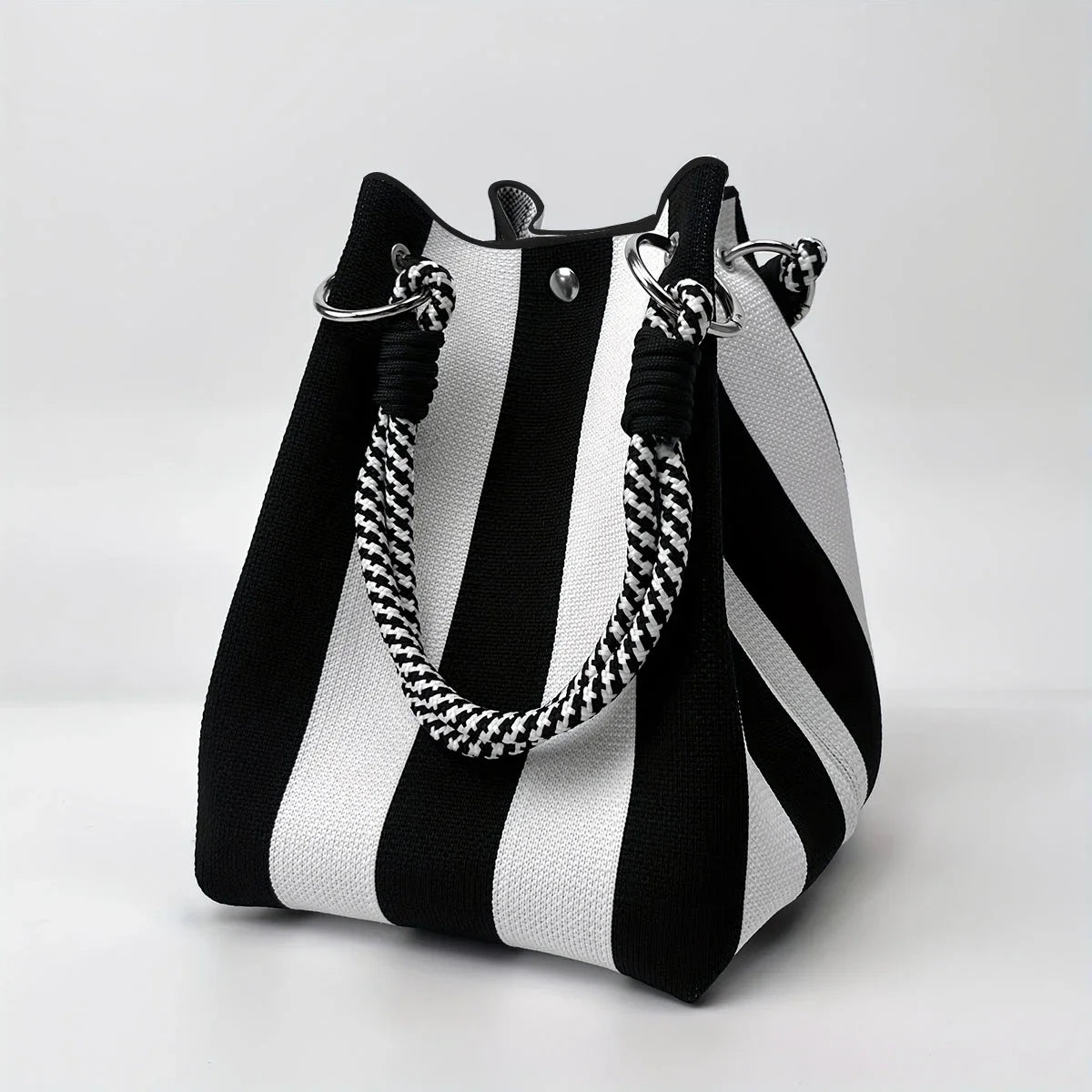 Color Block Knitted Cotton Bucket Tote Bag