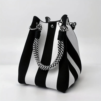 Color Block Knitted Cotton Bucket Tote Bag