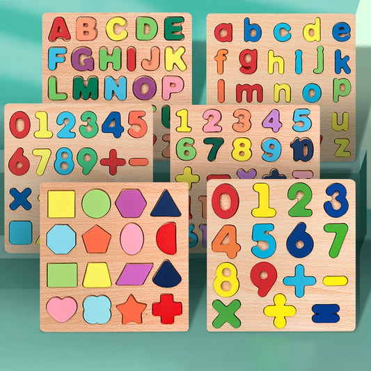 Kids Alphabetic Arithmetic Number Geometric Shapes Wooden Puzzle