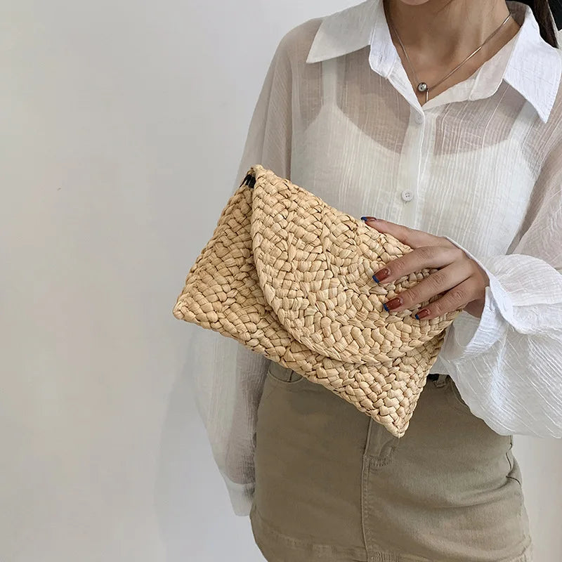 Women’s Handwoven Straw Envelope Clutch Bag