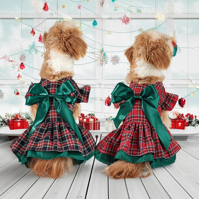Plaid Christmas Dog Dress with Bow