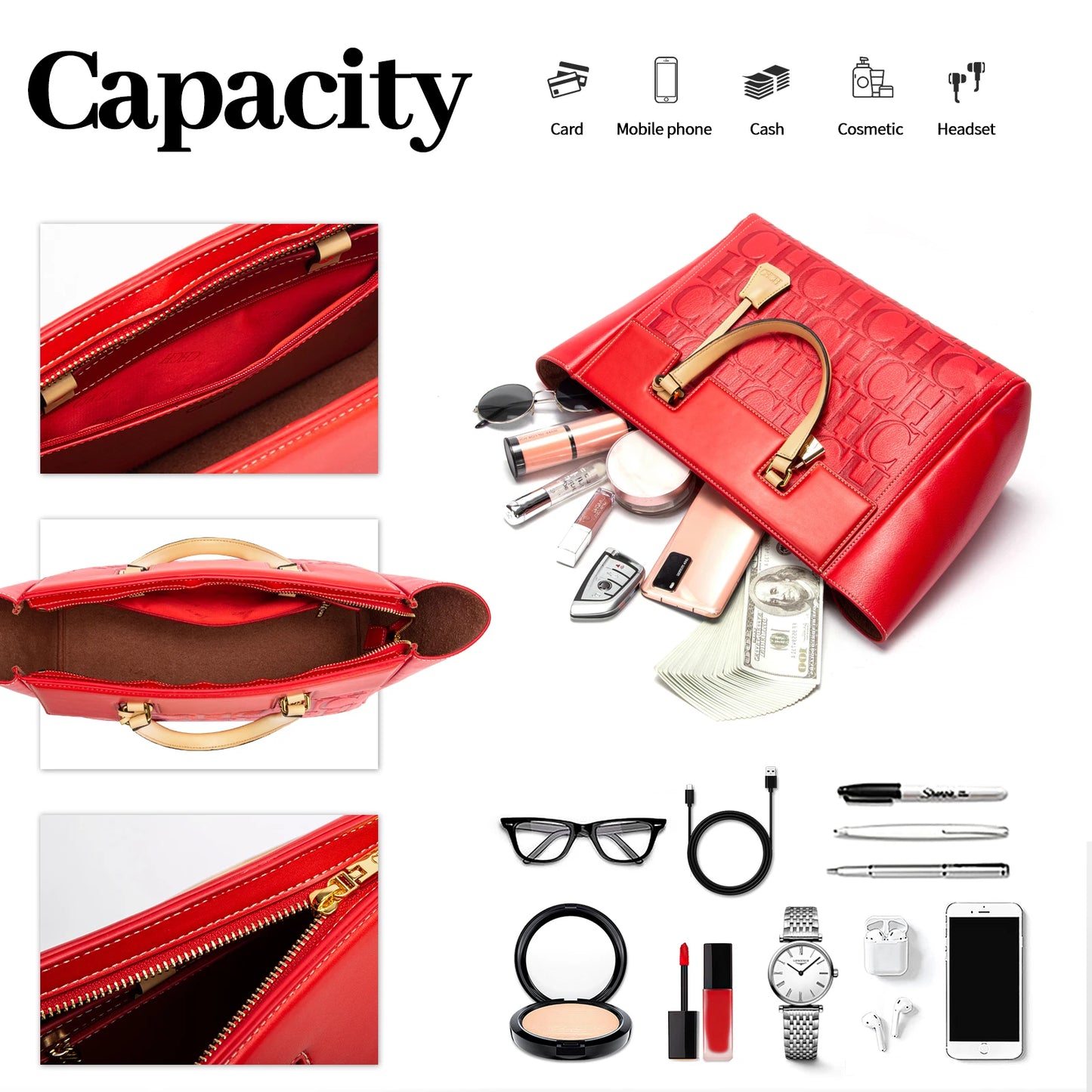 Large Capacity Embossed Tote Bag for Work, Office & Everyday Use