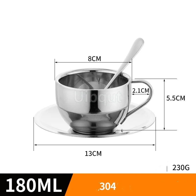 Double Wall Stainless Steel Coffee Cup Set with Spoon & Saucer