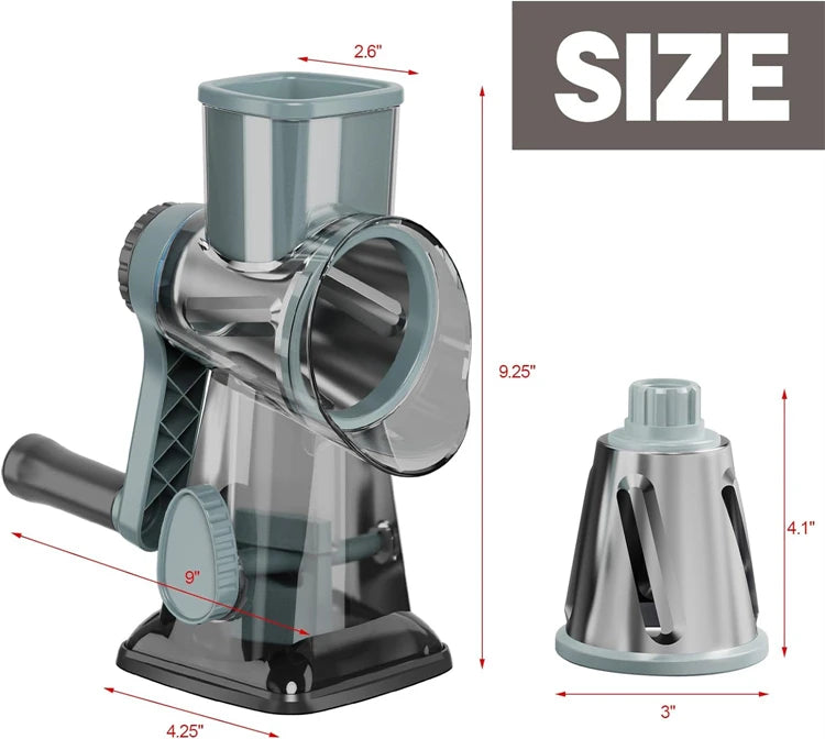 3-in-1 Rotary Cheese Grater & Vegetable Slicer with Stainless Steel Blades