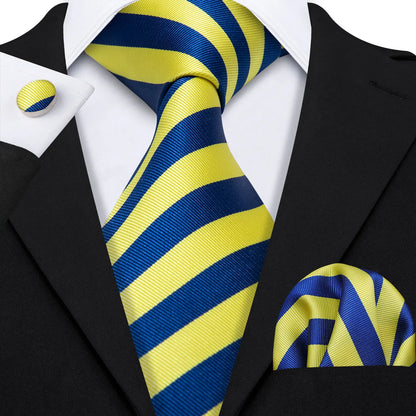 Barry Wang Jacquard Striped Silk Men's Tie Pocket Square Cufflinks Set
