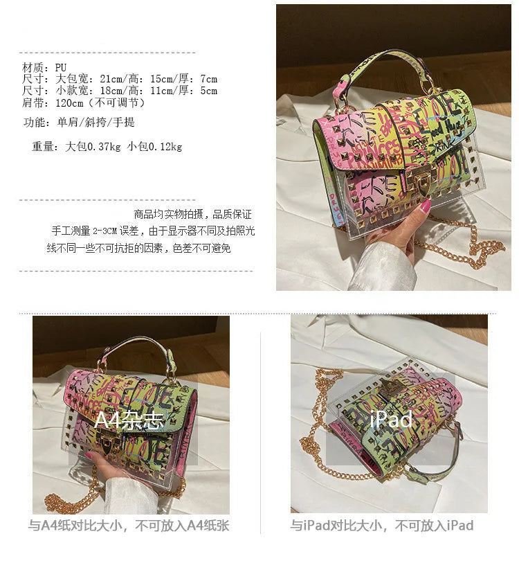 Studded Graffiti Crossbody Satchel Bag