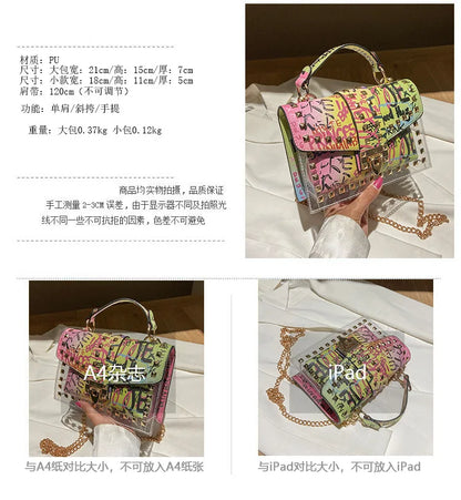 Studded Graffiti Crossbody Satchel Bag