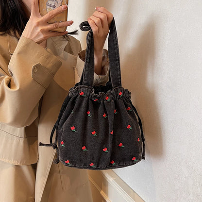Embroidered Denim Drawstring Shoulder Tote Bag