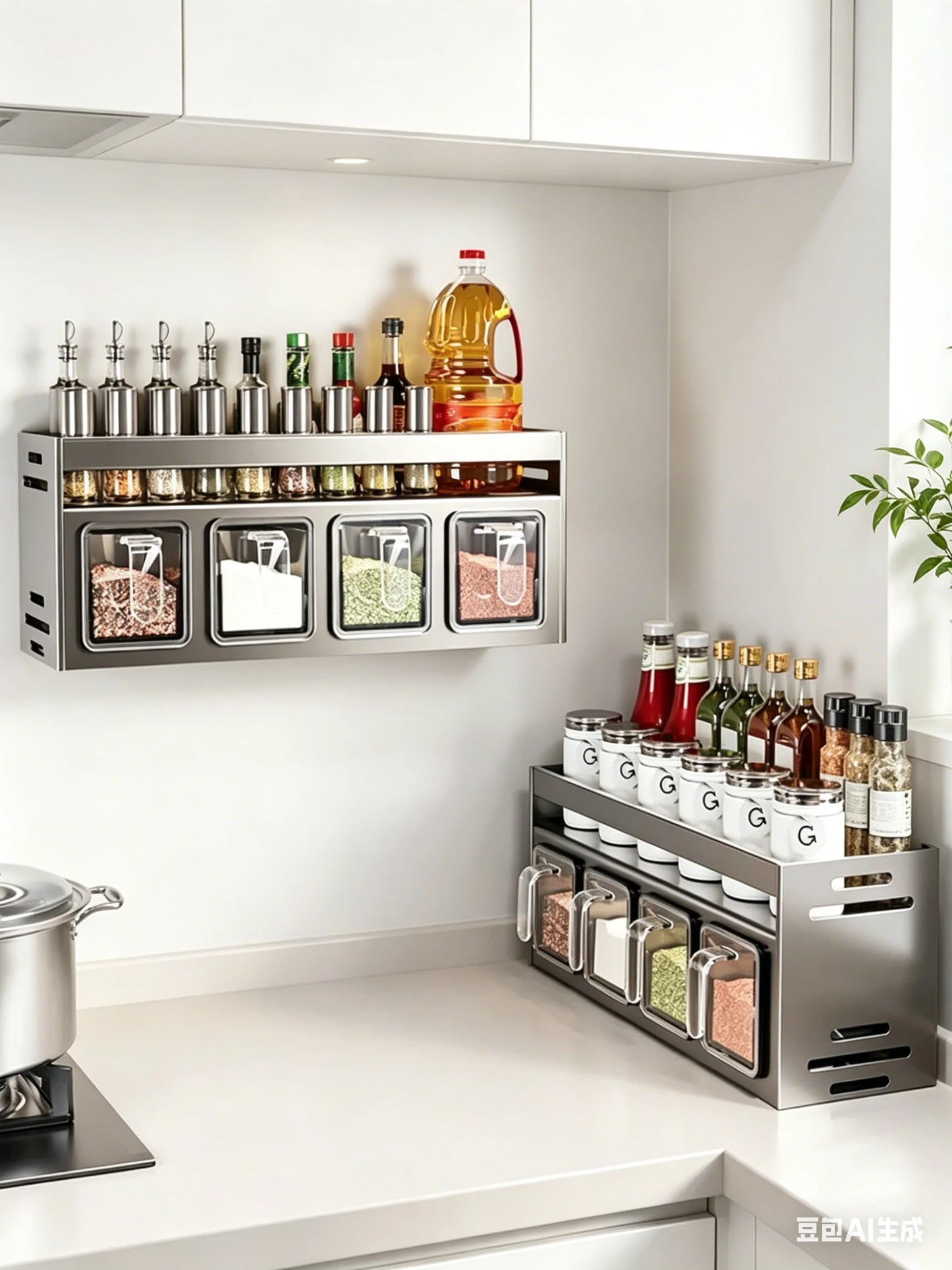 Wall Mounted Kitchen Storage Organizer with Spice Jar Holder