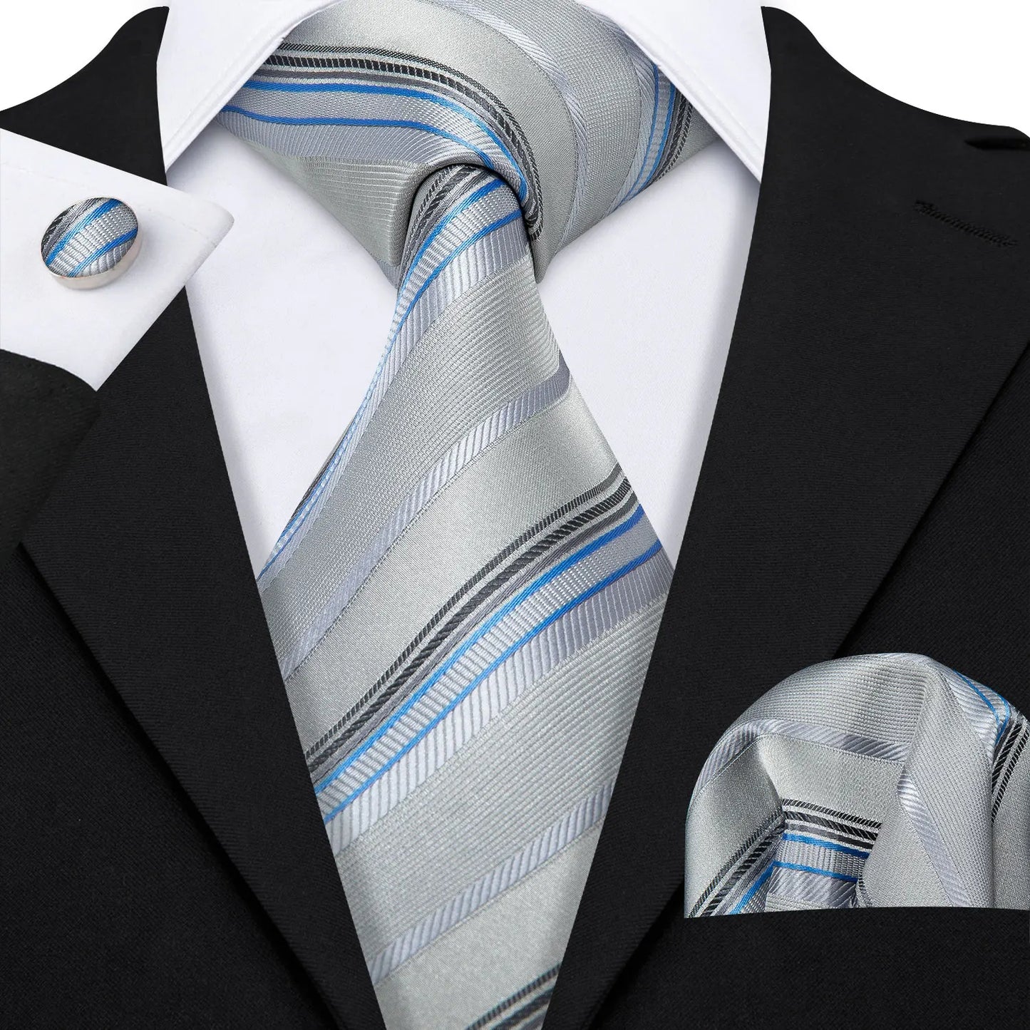 Barry Wang Jacquard Striped Silk Men's Tie Pocket Square Cufflinks Set